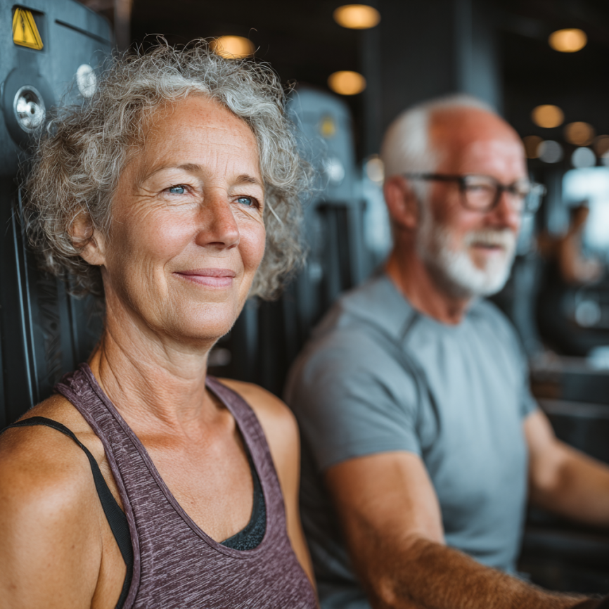 Група літніх людей займається йогою на свіжому повітрі